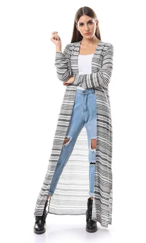 57621 Unbalanced Lightweigh Striped Long Cardigan - Black & White