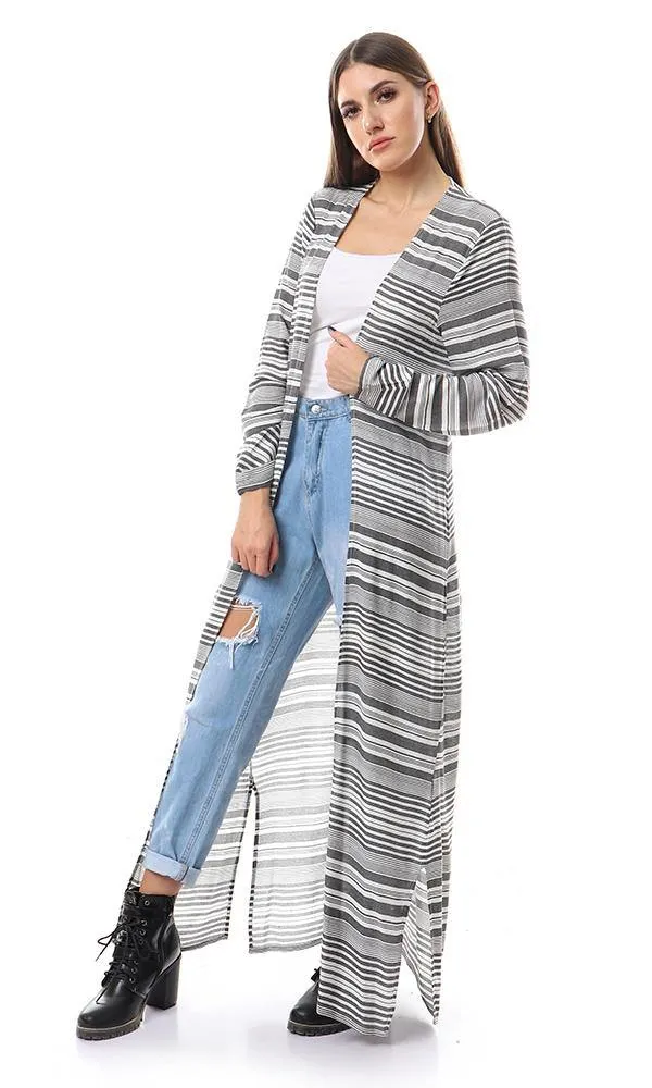 57621 Unbalanced Lightweigh Striped Long Cardigan - Black & White