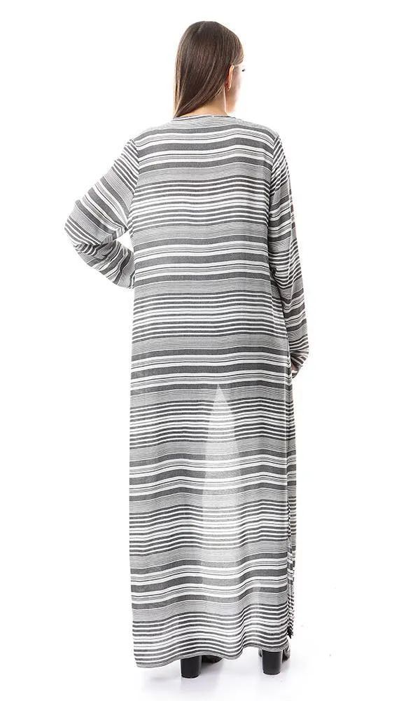 57621 Unbalanced Lightweigh Striped Long Cardigan - Black & White