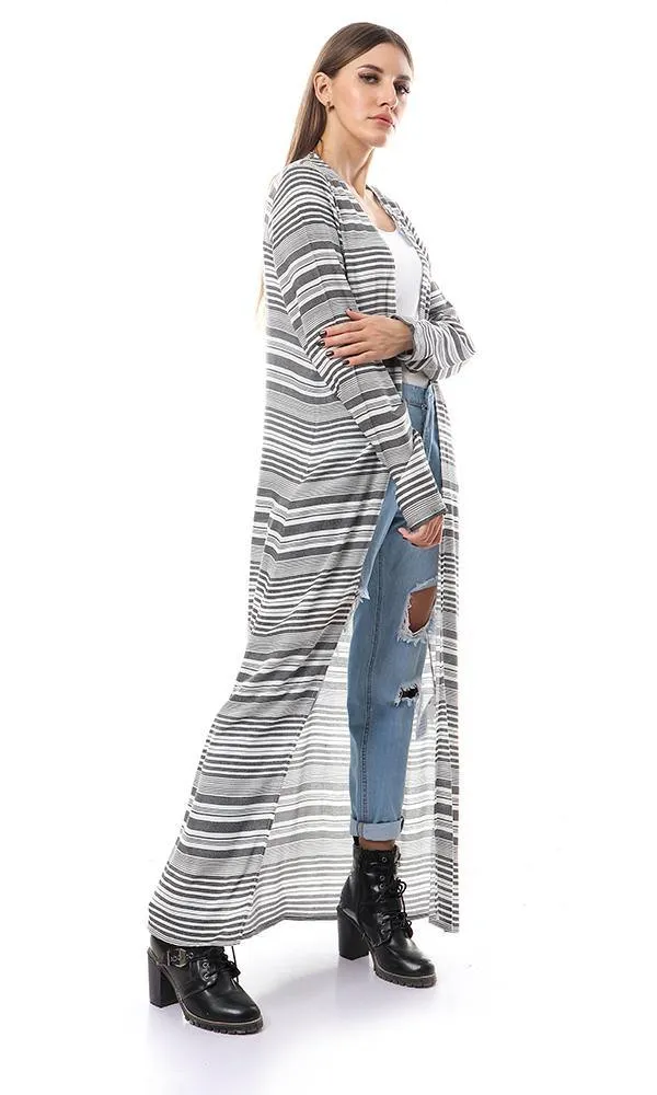 57621 Unbalanced Lightweigh Striped Long Cardigan - Black & White