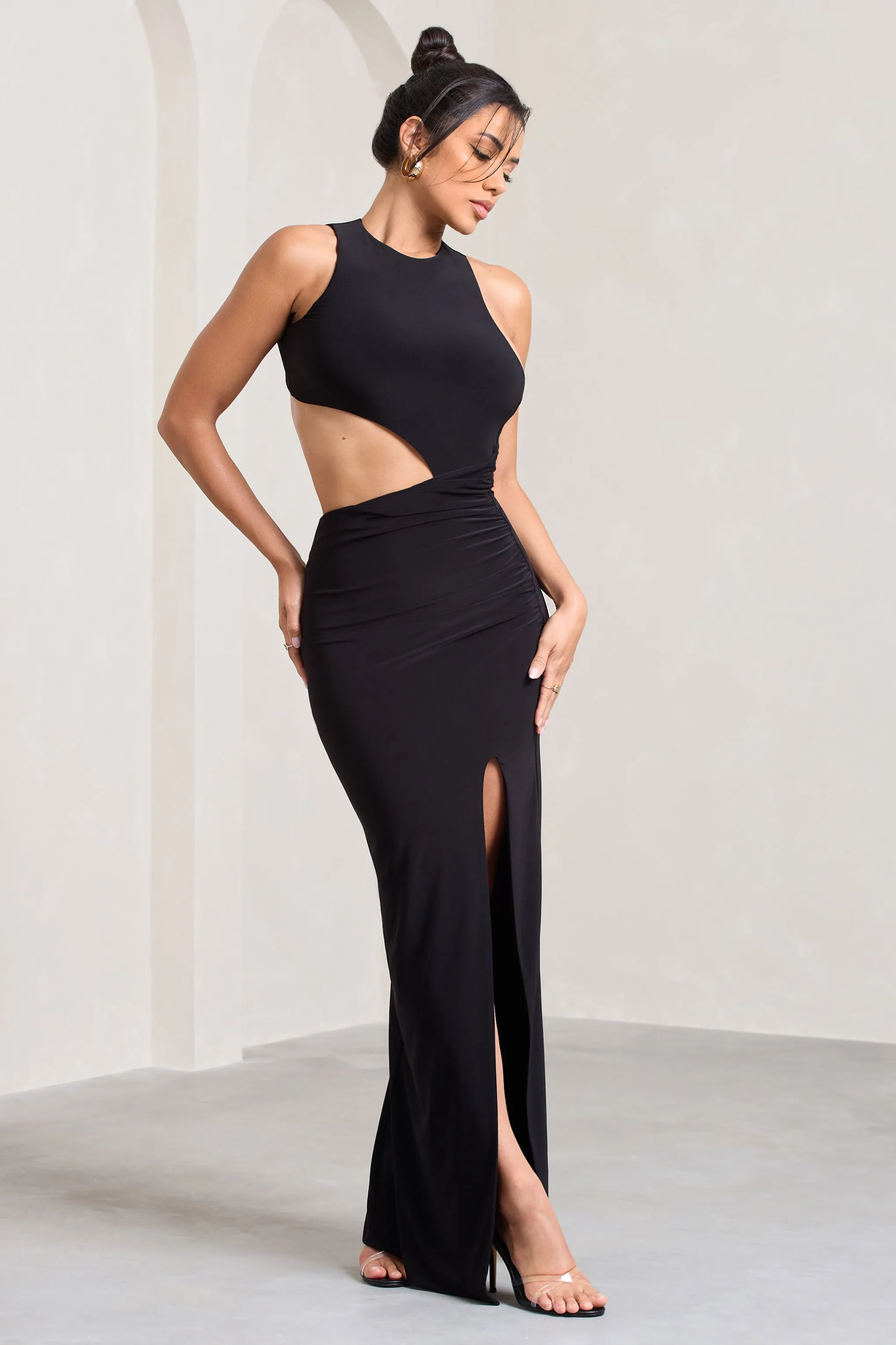 Ashley | Black Asymmetric Sleeveless Cut-Out Split Maxi Dress