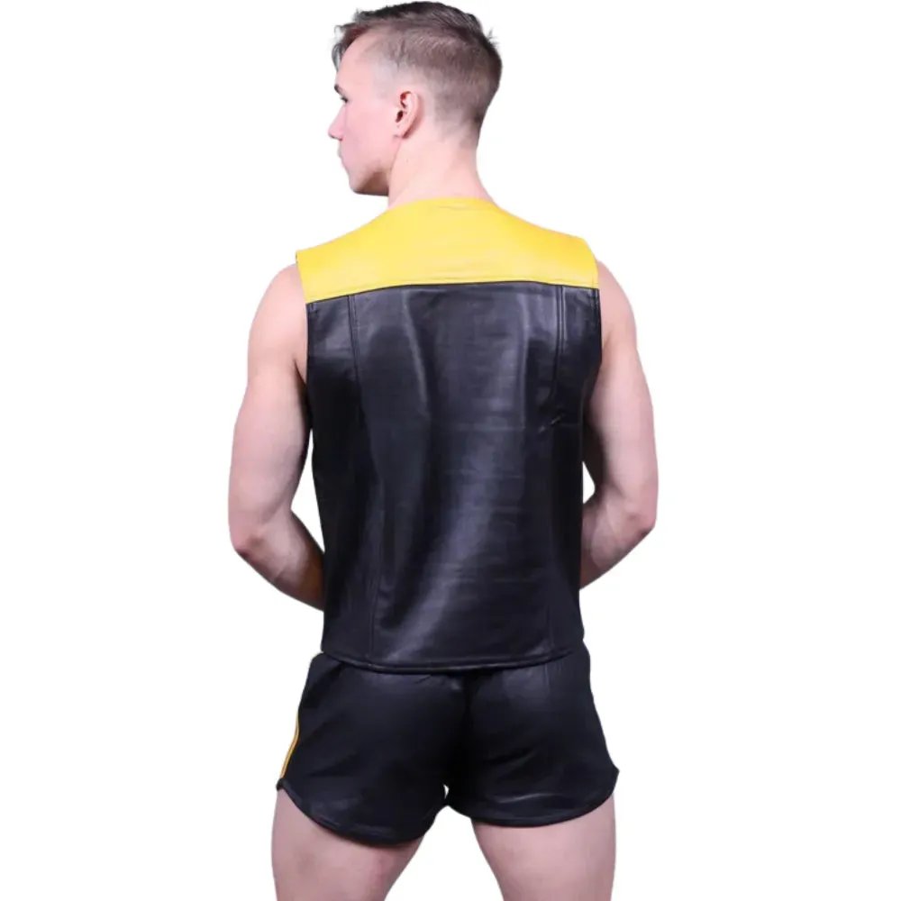 Black Gay Leather Zipper Vest With Yellow Panels