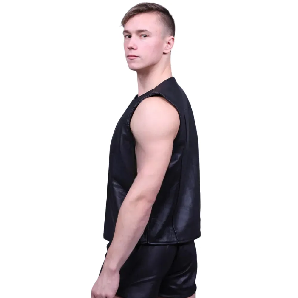 Black Gay Leather Zipper Vest