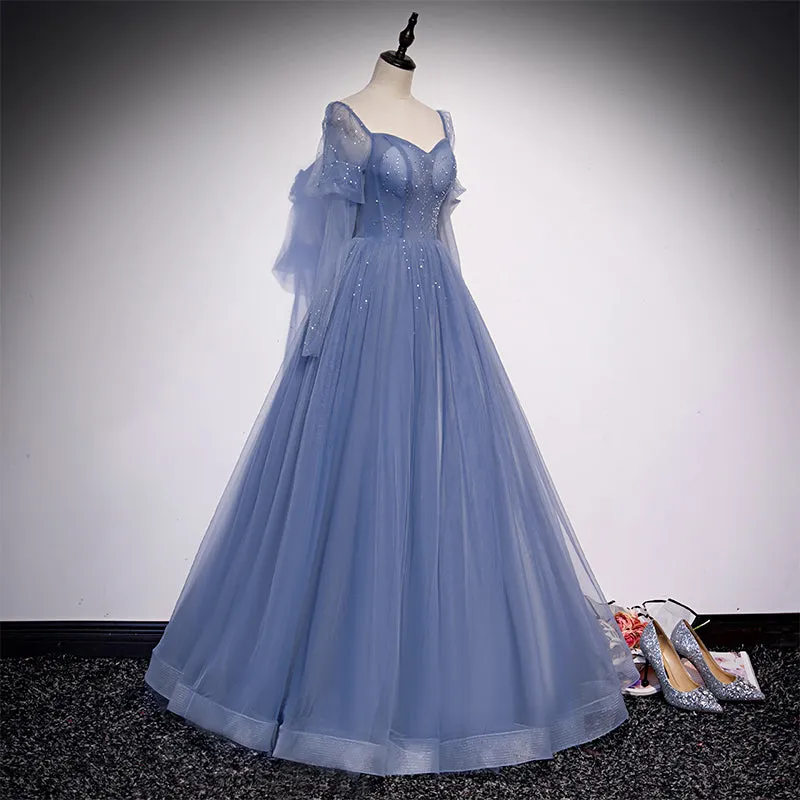 Blue Tulle Beaded Long Formal Dress Party Dresses A-line Wedding Party Dresses