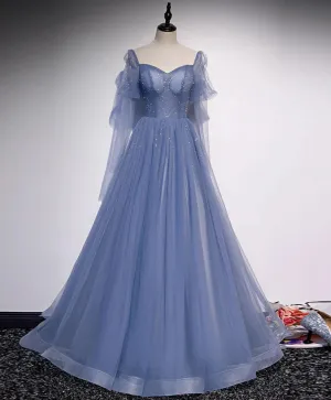 Blue Tulle Beaded Long Formal Dress Party Dresses A-line Wedding Party Dresses