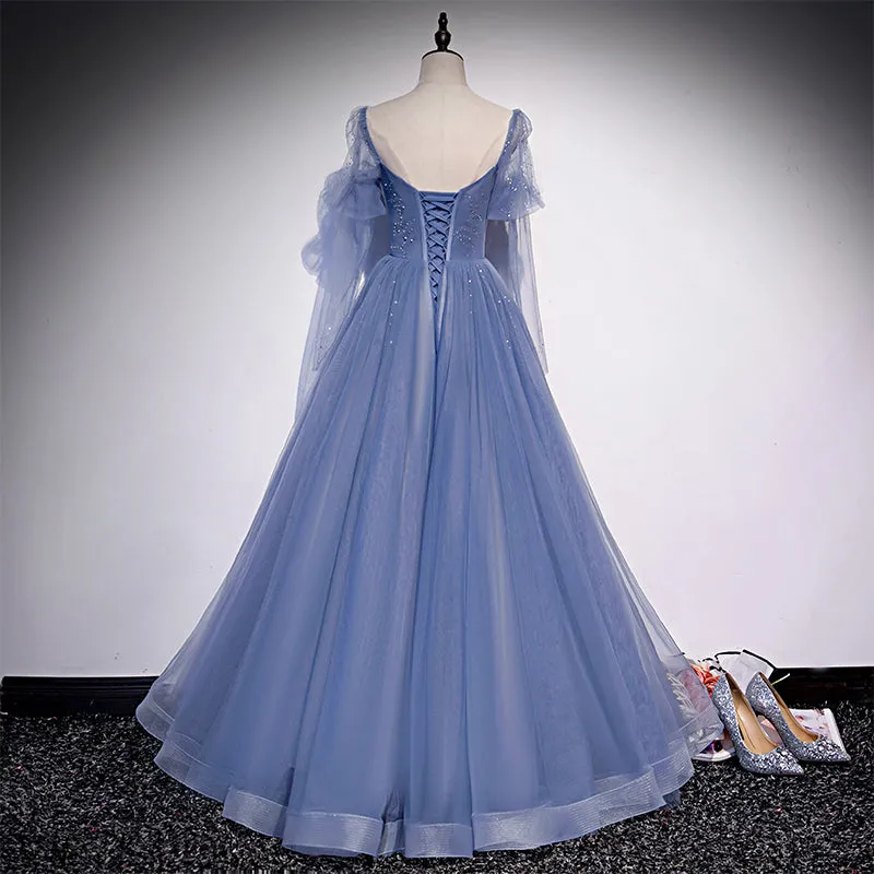 Blue Tulle Beaded Long Formal Dress Party Dresses A-line Wedding Party Dresses