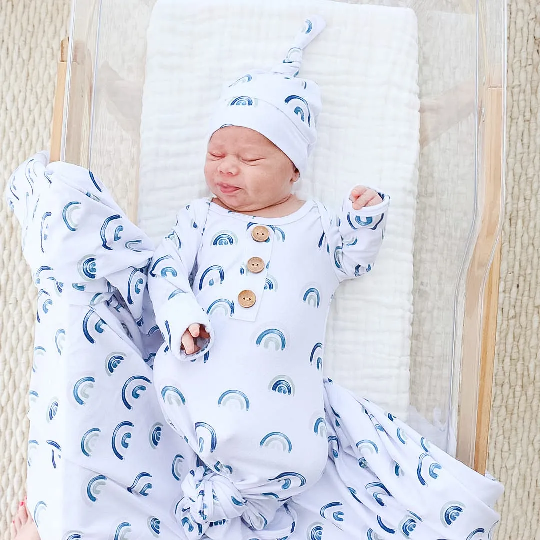 Brooks' Blue Rainbows Newborn Baby Knot Gown & Hat Set