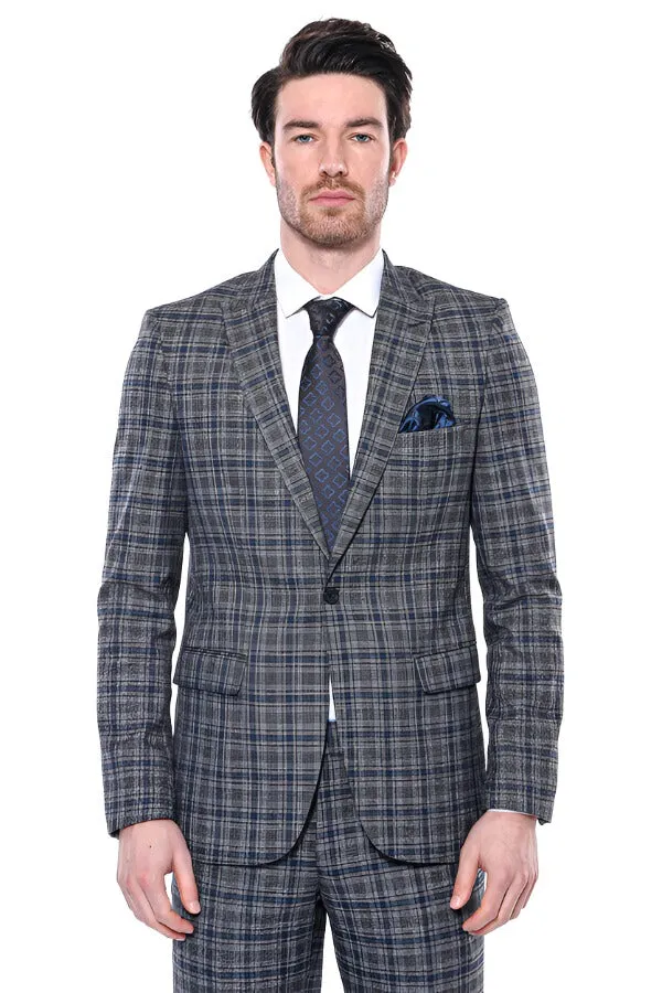 Checked Slim-Fit Navy Blue Men Blazer - Wessi