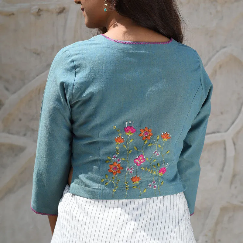 Cotton Embroidered Blouse | Round Neckline | Blue