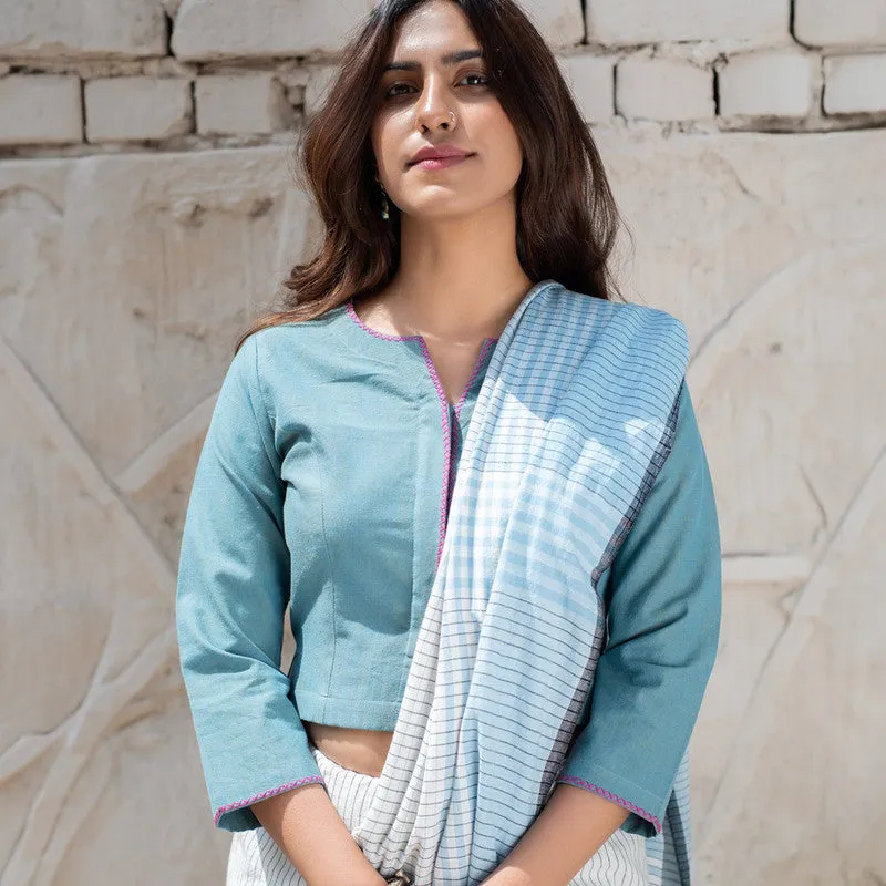 Cotton Embroidered Blouse | Round Neckline | Blue