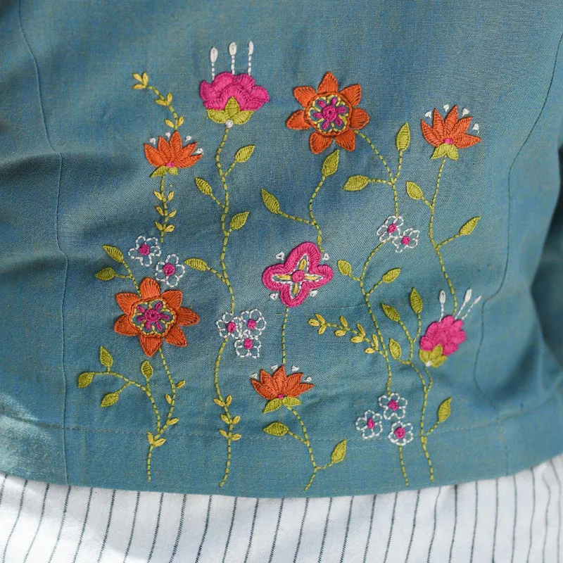 Cotton Embroidered Blouse | Round Neckline | Blue