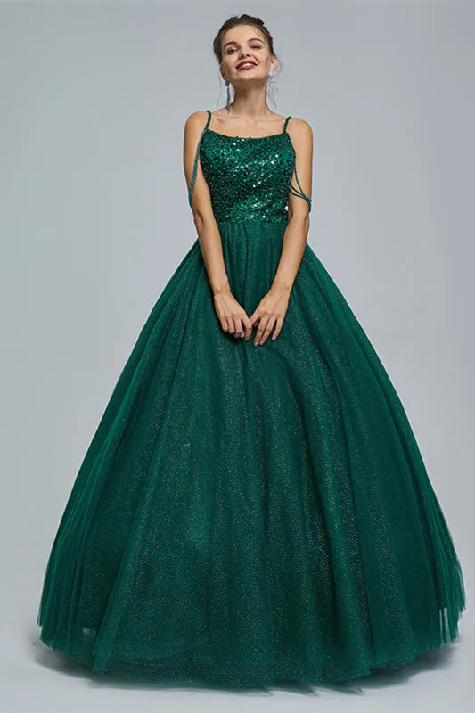 Dark Green Lace Up Beading Long Prom Dresses