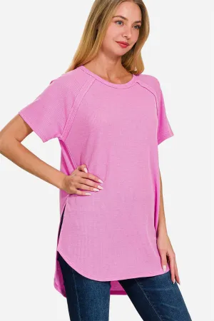 Explore More  Collection - Zenana Slit Round Neck Short Sleeve Waffle Top