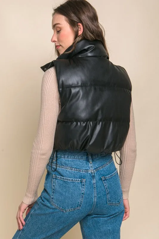 Faux Leather Puffer Vest With Snap Button