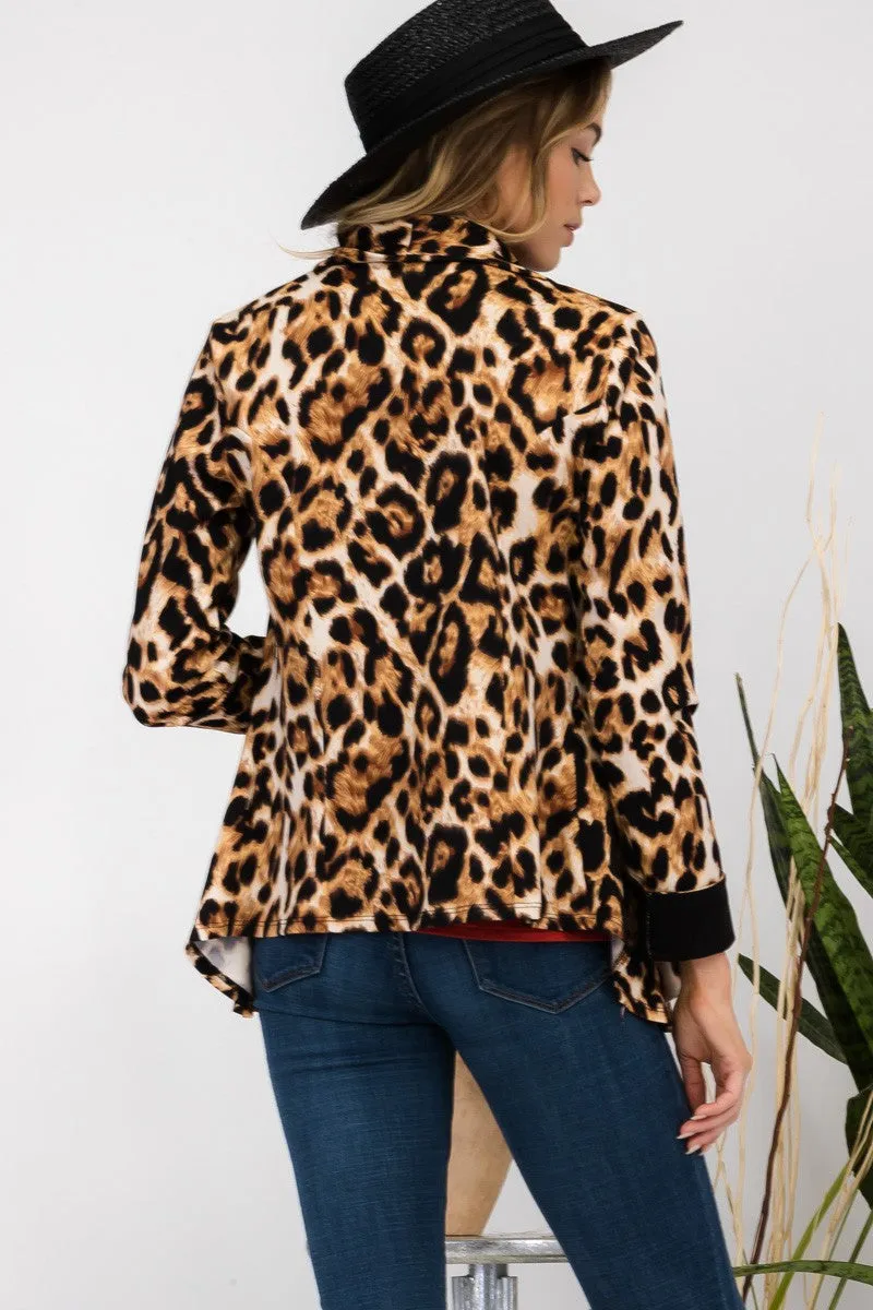 Full Size Leopard Open Front Long Sleeve Blazer