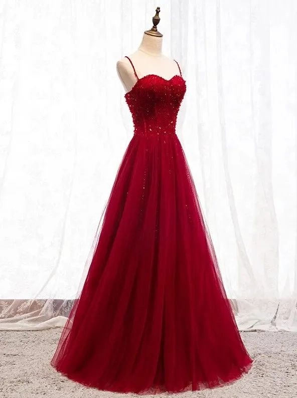 Gemgrace Burgundy Prom Dresses, Long Tulle Formal Dress With Straps