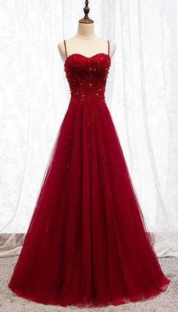 Gemgrace Burgundy Prom Dresses, Long Tulle Formal Dress With Straps