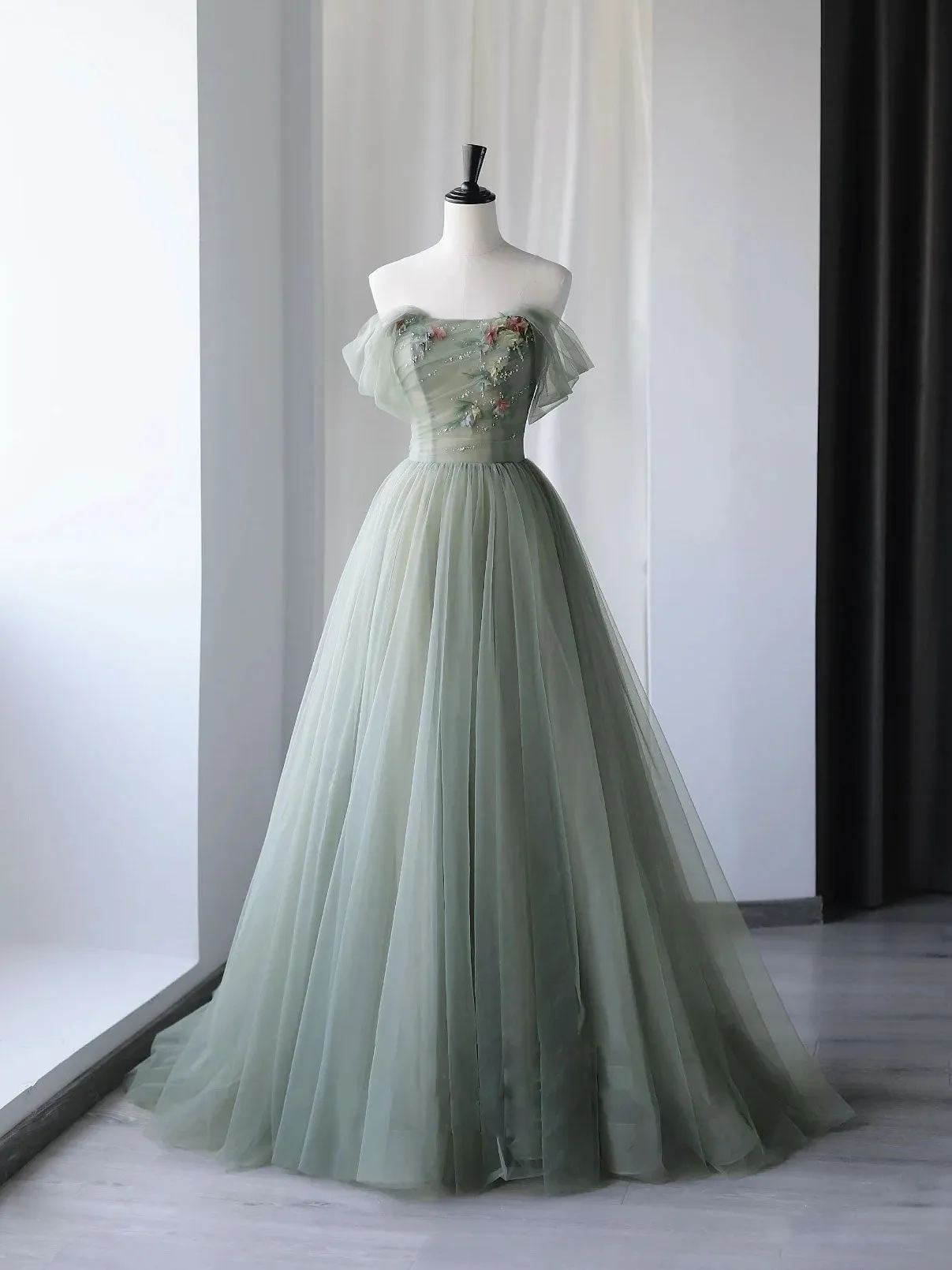 Gray Green Tulle Off Shoulder Long Prom Dress, Gray Green Formal Graduation Dresses