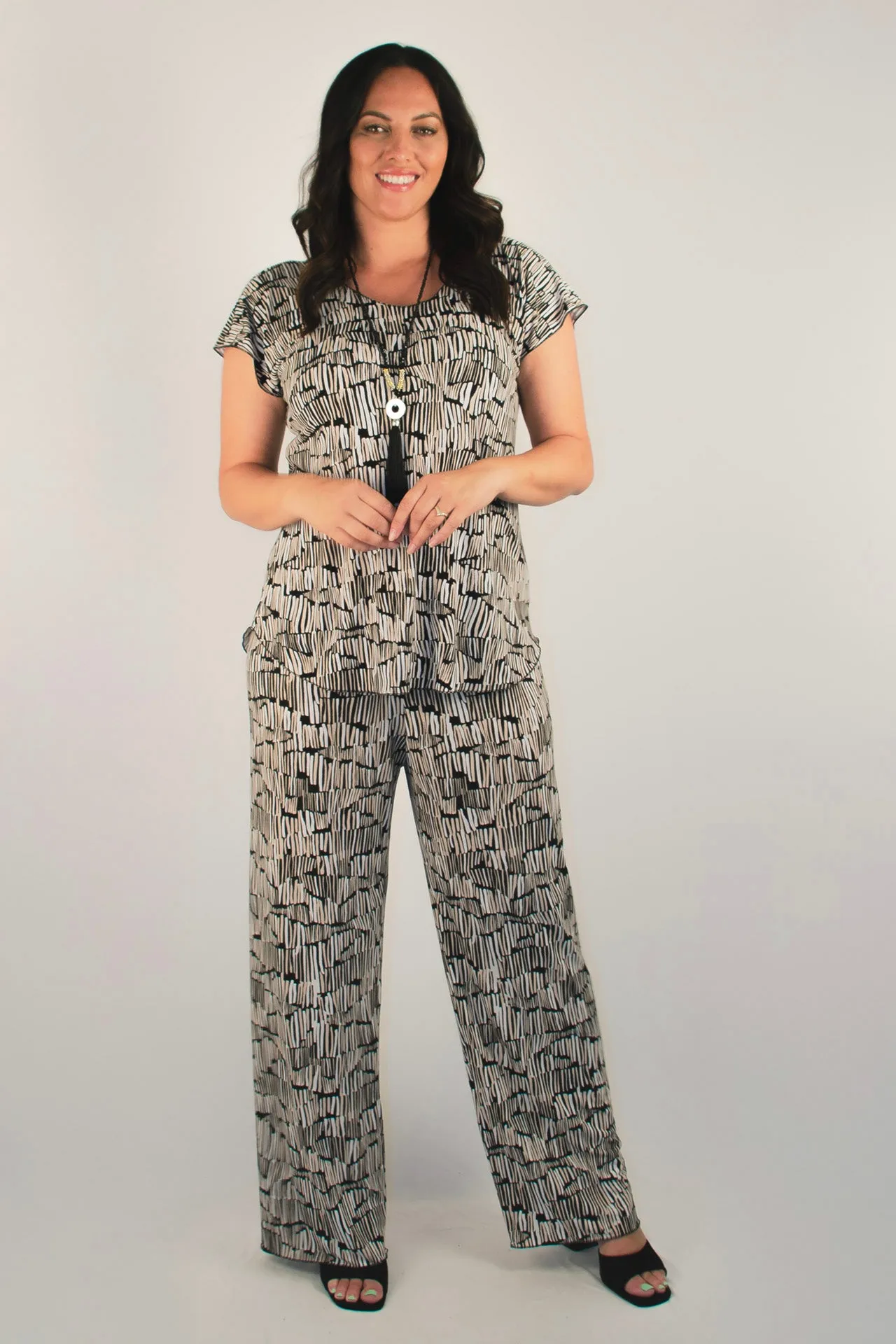 Grid Print Wide Leg Jersey Palazzo Pants