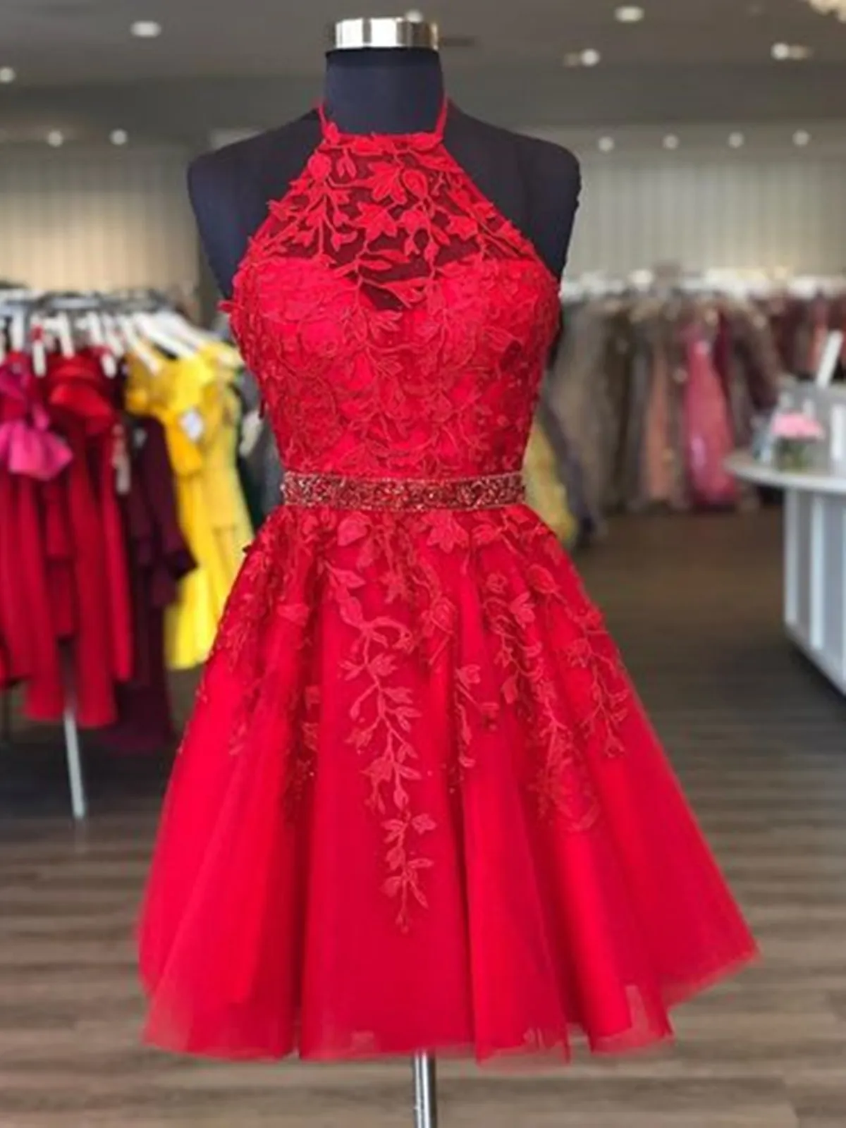 Halter Neck Short Red Lace Prom Dresses, Short Red Lace Formal Homecoming Dresses