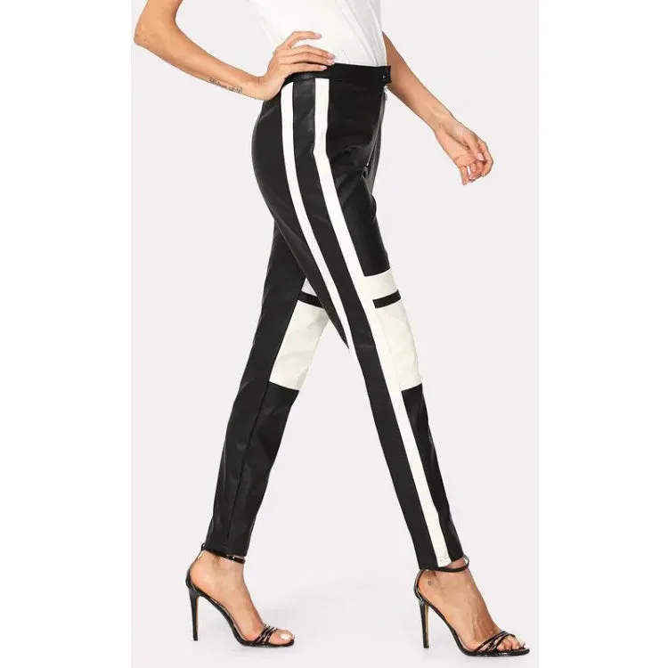 Ladies Chic Two-Tone Black & White Leather Pants