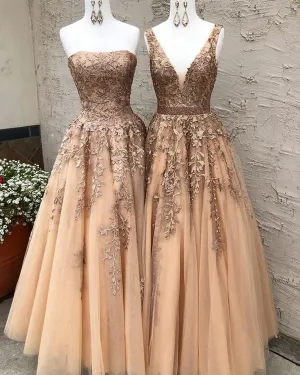 Long Champagne Prom Dress Sexy V Neck Strapless A Line Appliques Formal Party Dresses