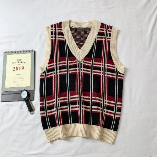 Men Sweater Vests Plaid Paneled Oversize Harajuku Casual Male Sleeveless Knitwear V-neck Loose Mens Wool Vest High Quality New