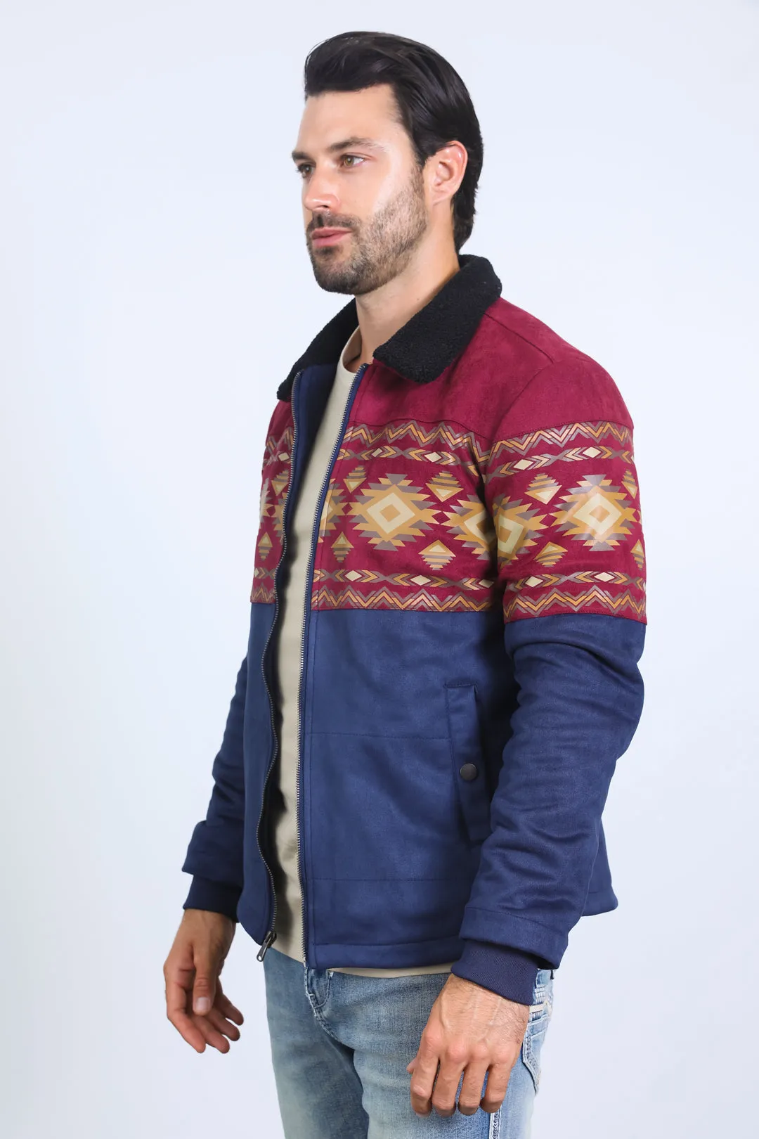 Mens Ethnic Aztec Fur Lined Quilted Suede Navy Jacket