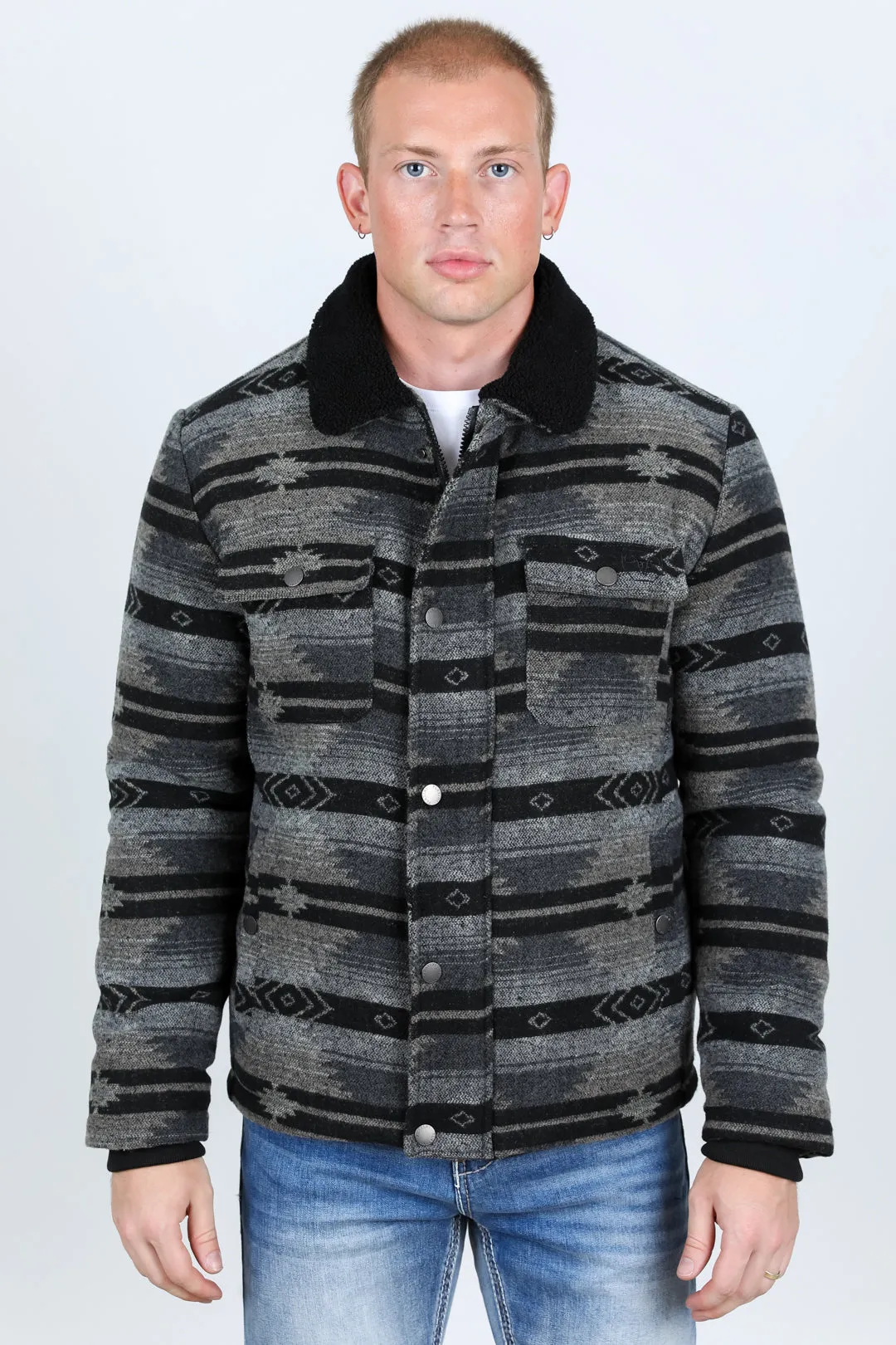 Mens Ethnic Aztec Quilted Fur Lined Jacket - Black