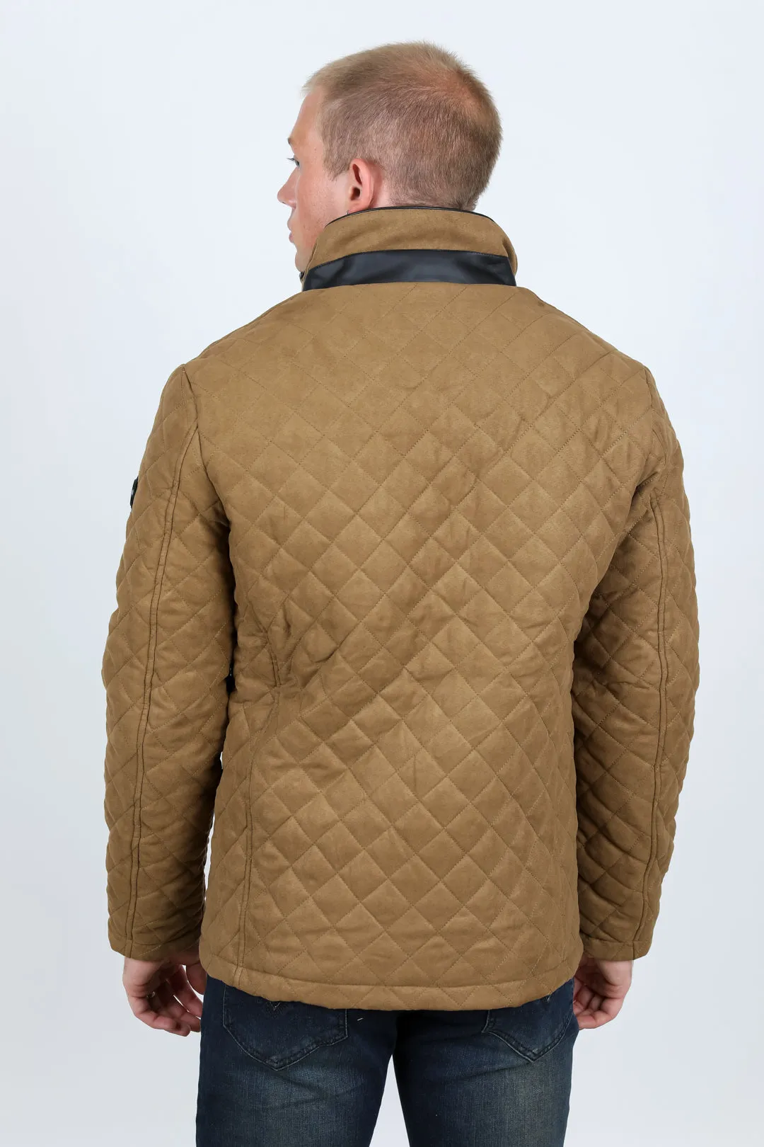 Mens Fur Lined Quilted Faux Suede Coat - Light Brown