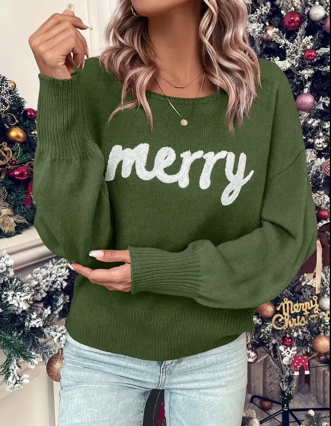 MERRY Embroidered Crewneck Sweater: Olive