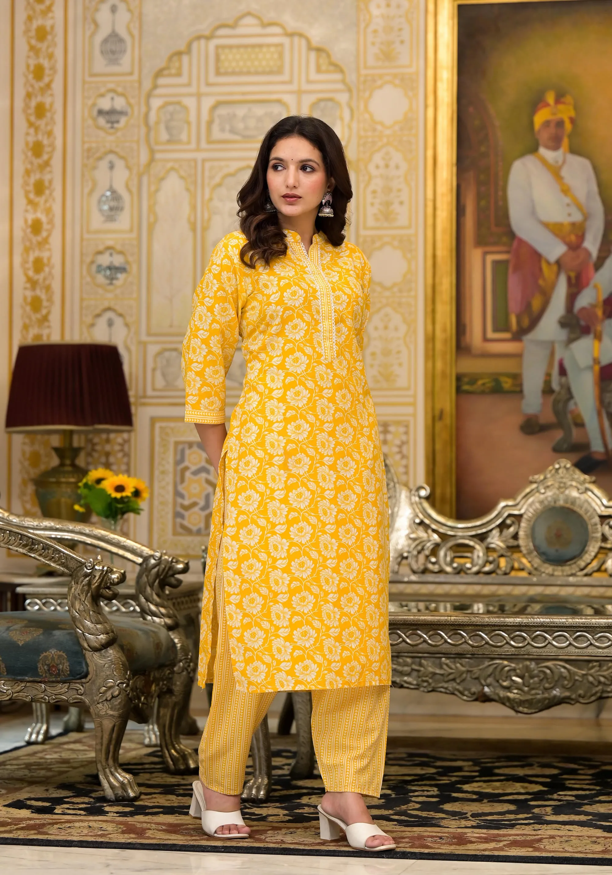 Mustard Floral Printed Cotton Kurta & Pant Set With Lace