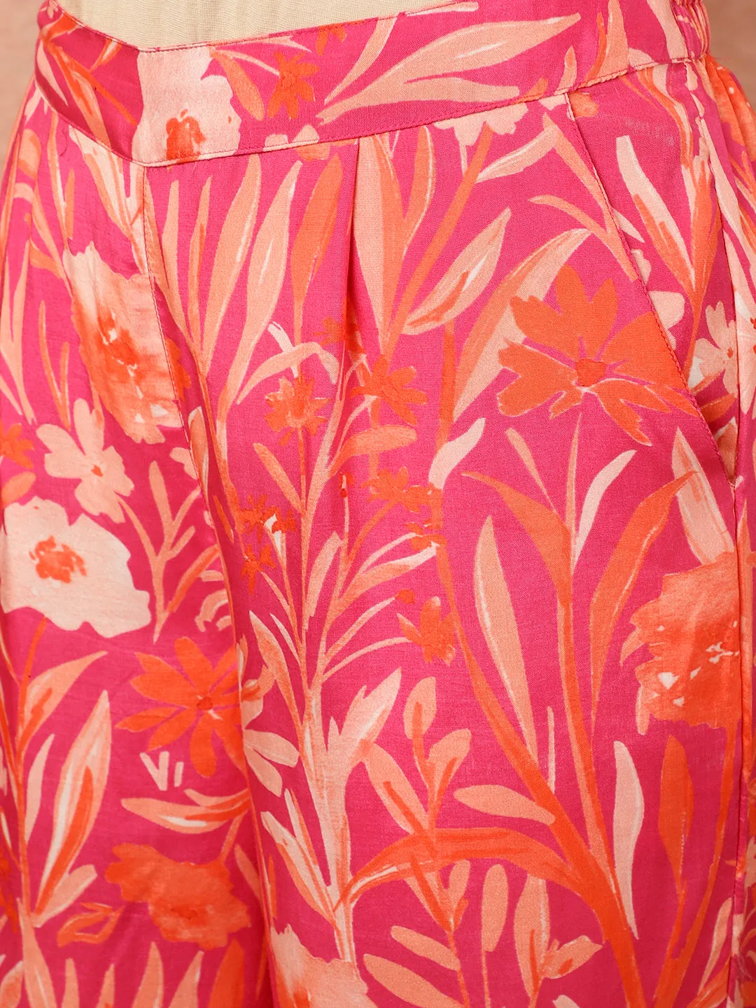 Pink Tropical Floral Printed Shirt With Pants Co-ord Set