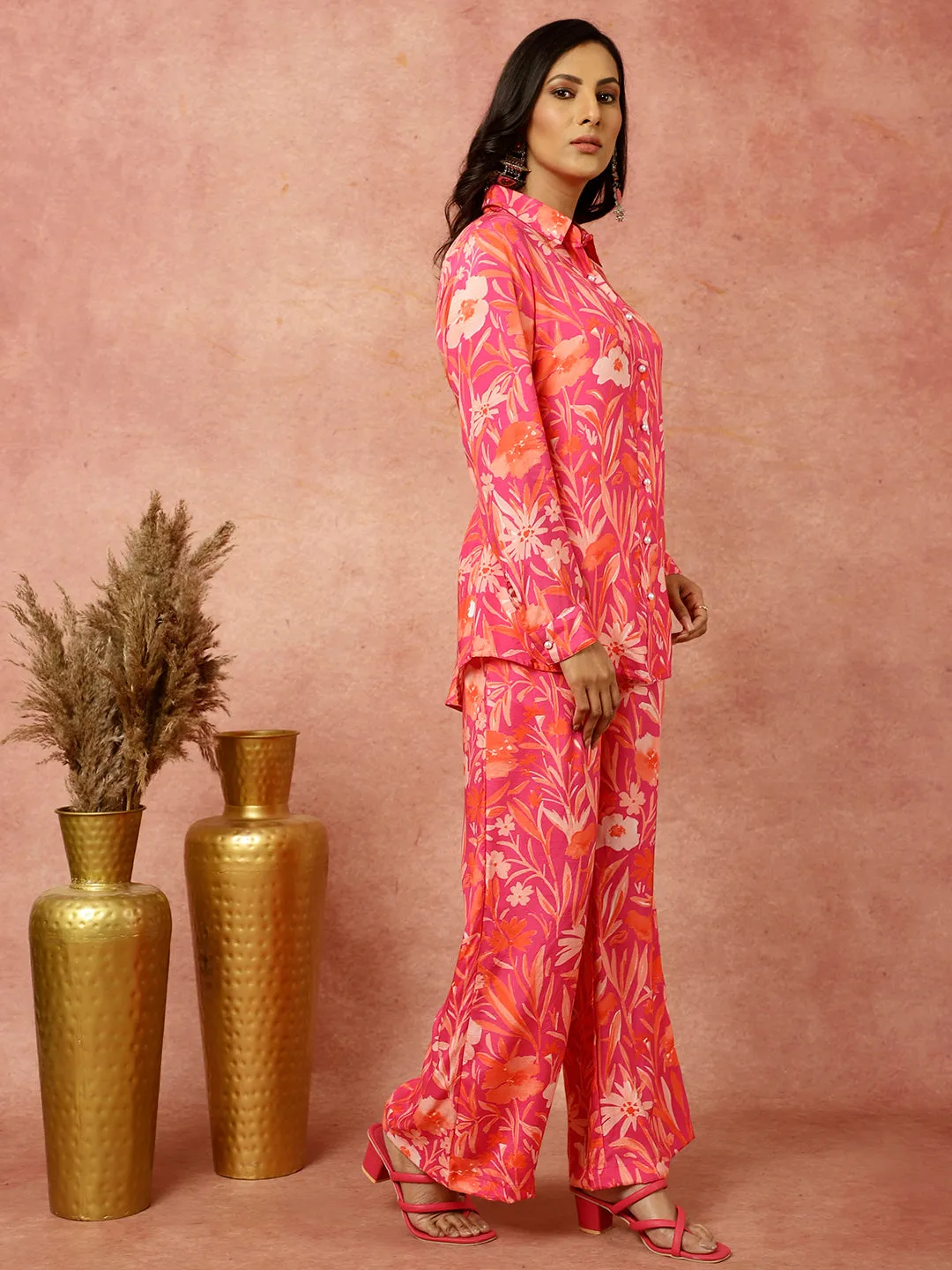 Pink Tropical Floral Printed Shirt With Pants Co-ord Set