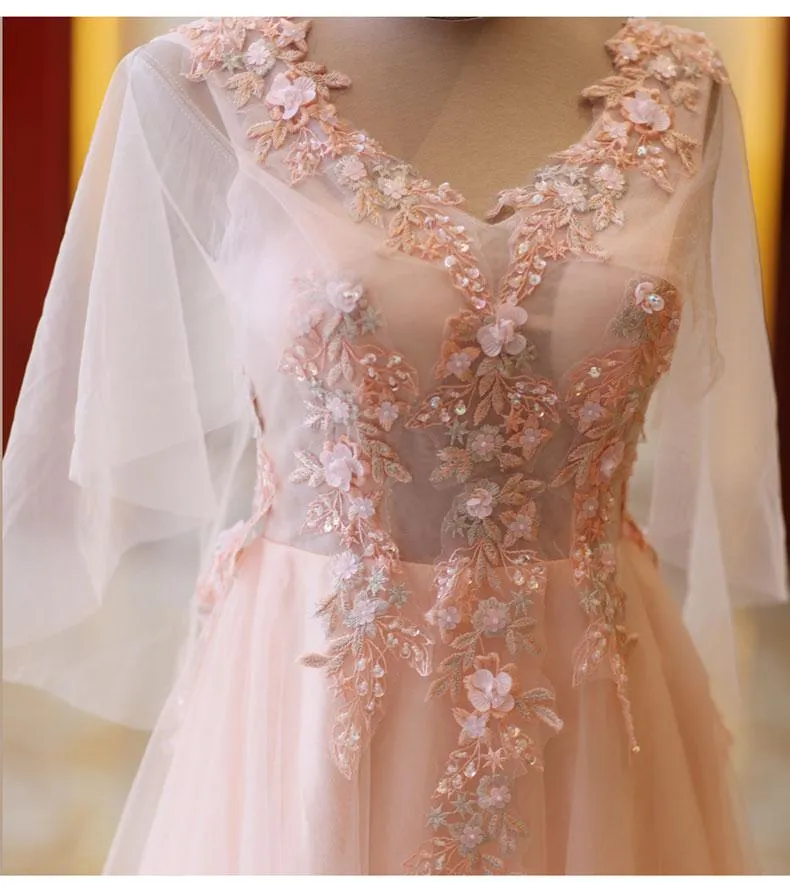 Pink Tulle Floral Applique Prom Dresses Puff Sleeves Long Formal Dress