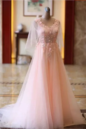 Pink Tulle Floral Applique Prom Dresses Puff Sleeves Long Formal Dress