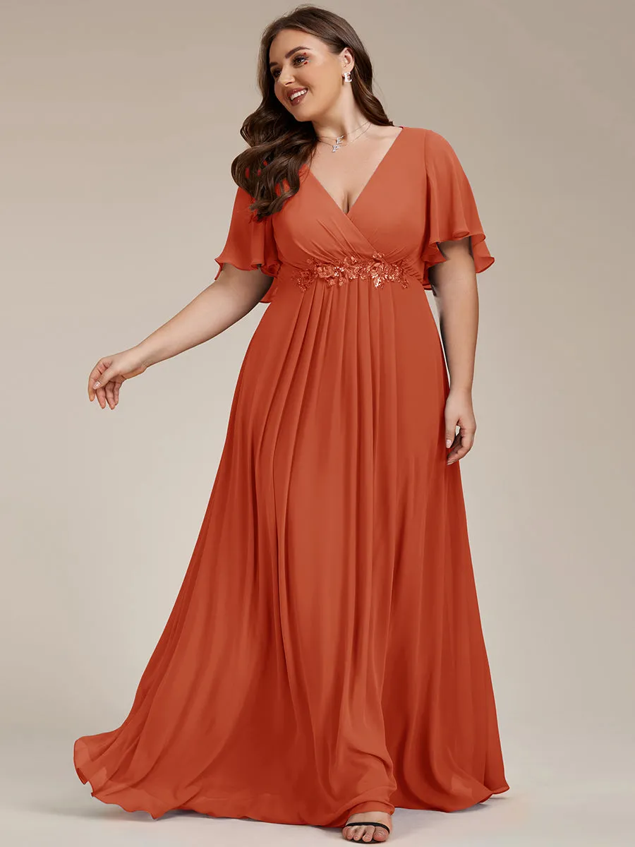 Plus Size Maxi Long Chiffon Waist  V Neck Wholesale Evening Dress with Long Sleeves