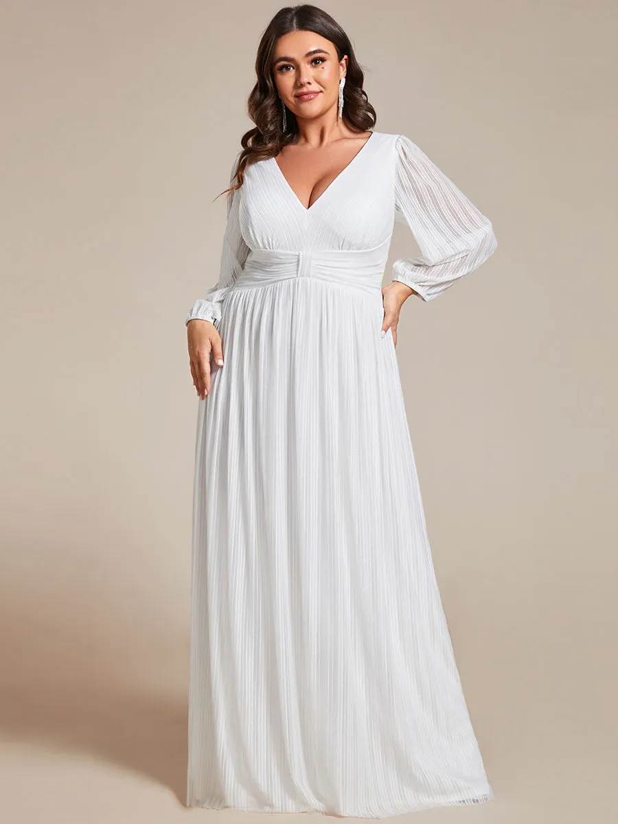 Plus Size Maxi Long Chiffon Waist  V Neck Wholesale Evening Dress with Long Sleeves