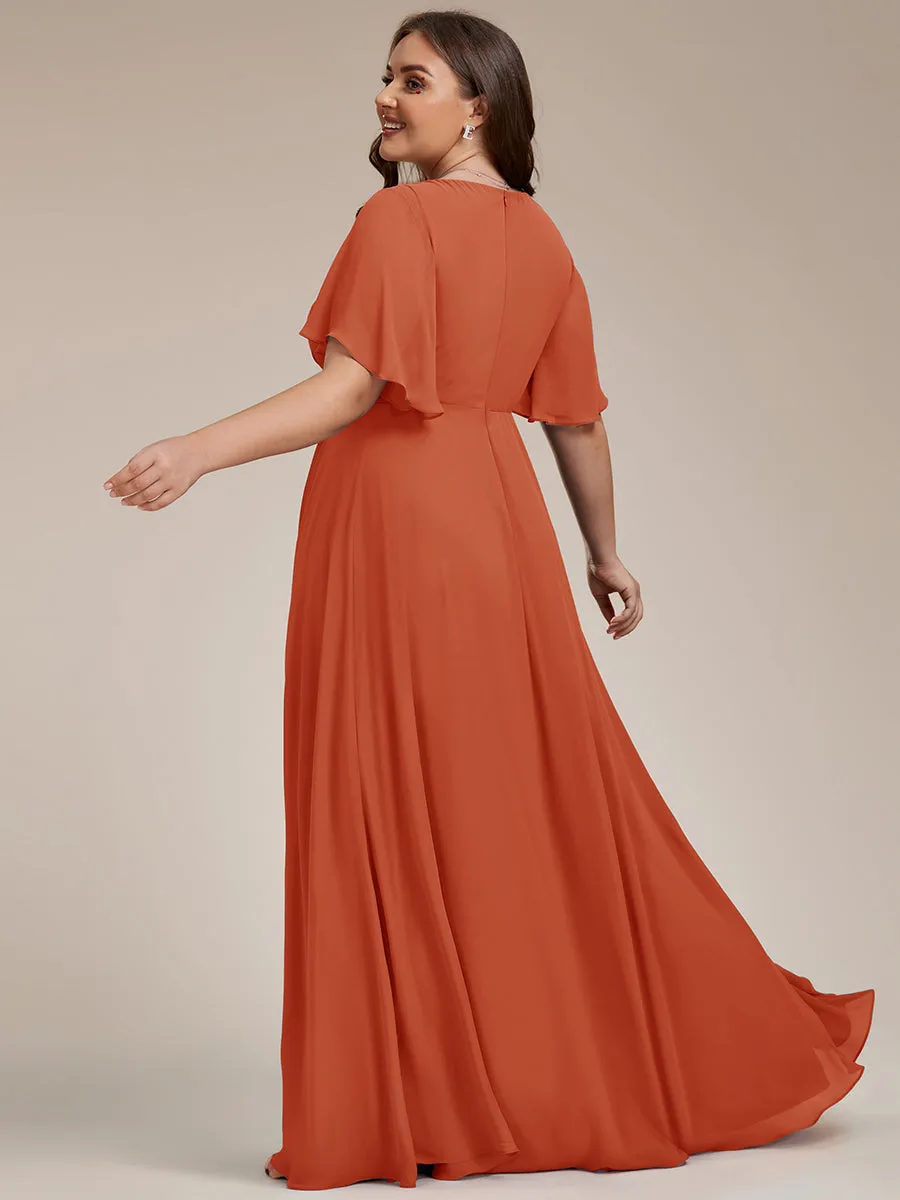 Plus Size Maxi Long Chiffon Waist  V Neck Wholesale Evening Dress with Long Sleeves