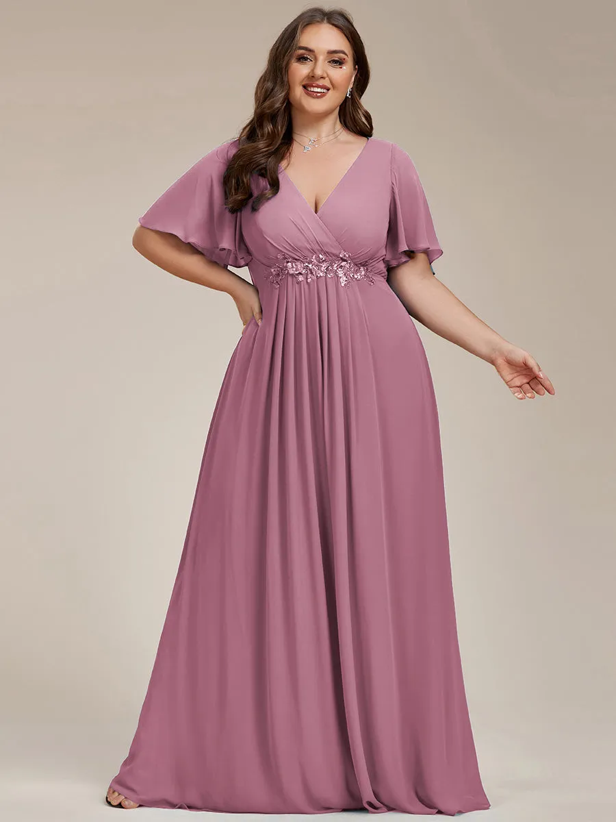 Plus Size Maxi Long Chiffon Waist  V Neck Wholesale Evening Dress with Long Sleeves