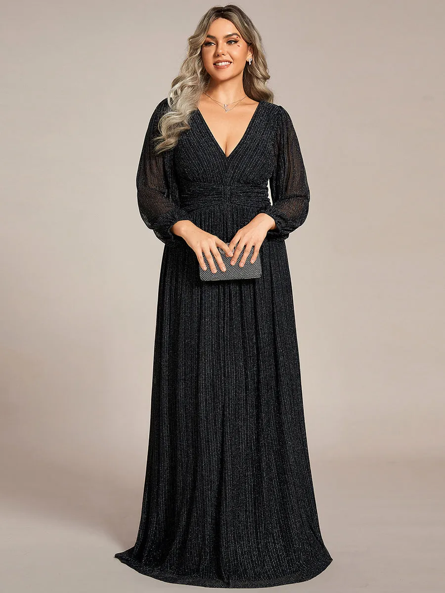 Plus Size Maxi Long Chiffon Waist  V Neck Wholesale Evening Dress with Long Sleeves