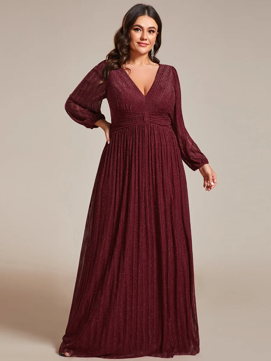 Plus Size Maxi Long Chiffon Waist  V Neck Wholesale Evening Dress with Long Sleeves