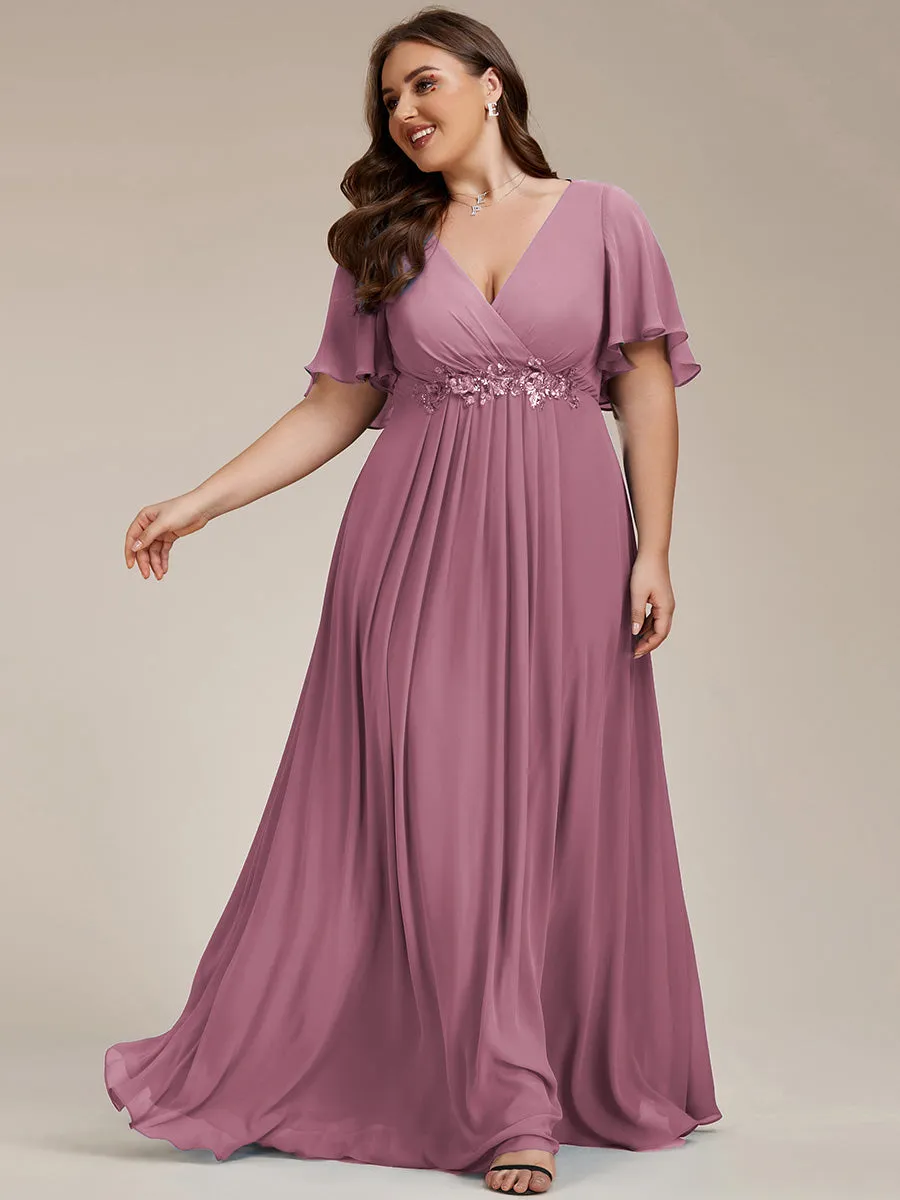 Plus Size Maxi Long Chiffon Waist  V Neck Wholesale Evening Dress with Long Sleeves