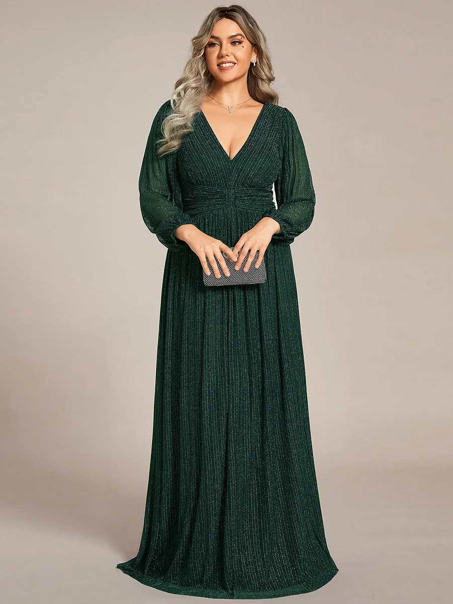 Plus Size Maxi Long Chiffon Waist  V Neck Wholesale Evening Dress with Long Sleeves