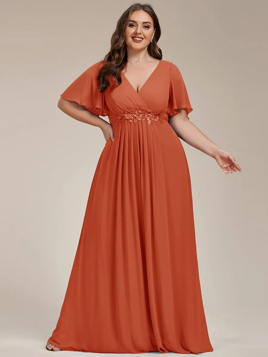 Plus Size Maxi Long Chiffon Waist  V Neck Wholesale Evening Dress with Long Sleeves