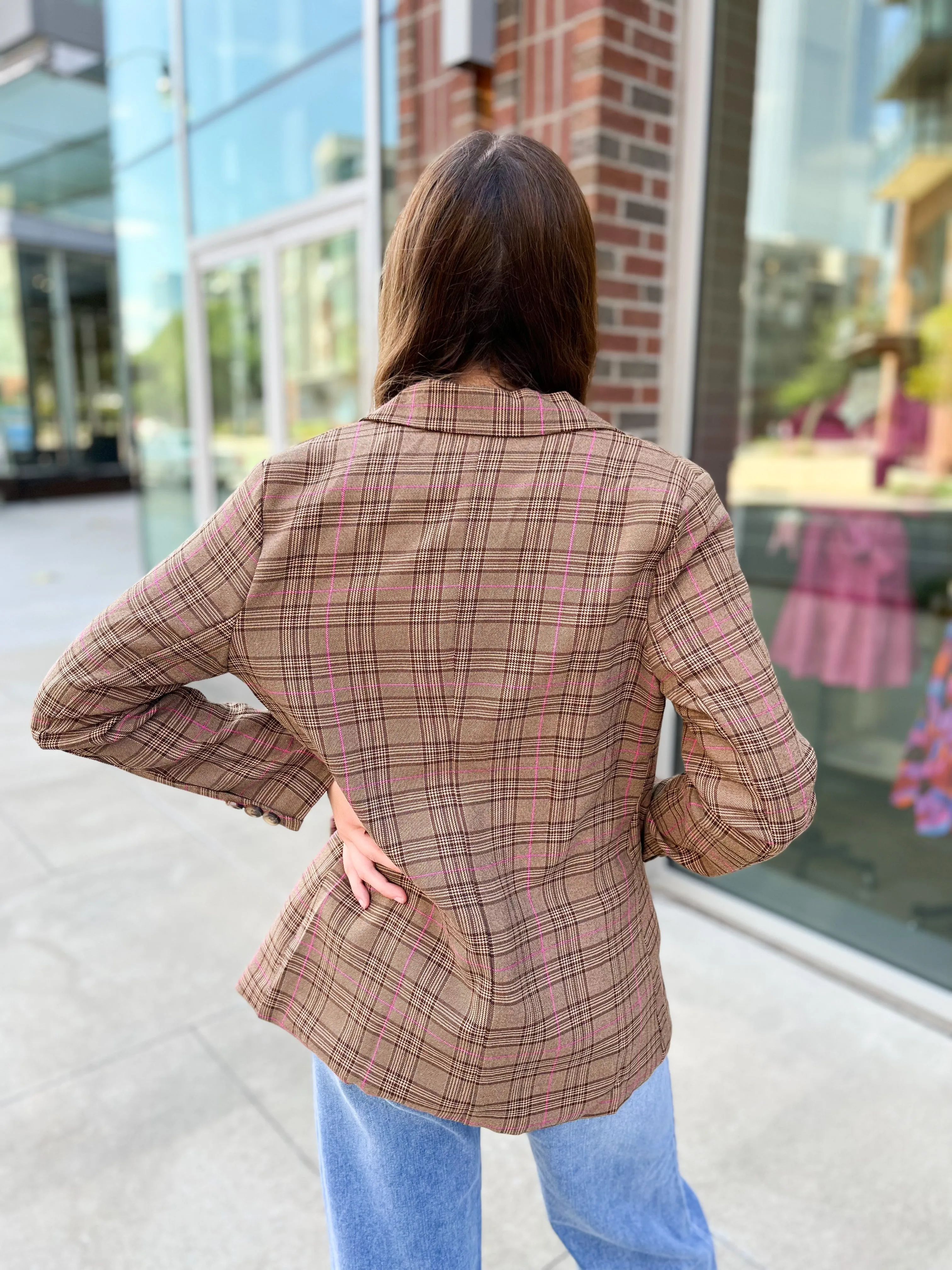 Preptastic Brown and Pink Plaid Blazer