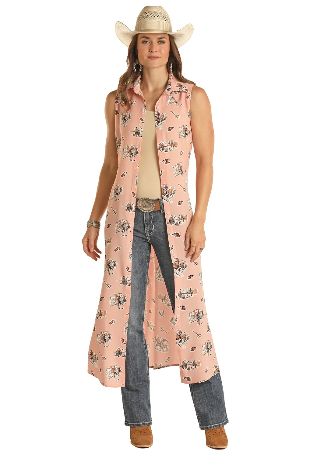 Rock & Roll Denim Ladies Sleeveless Cowboy Print Duster