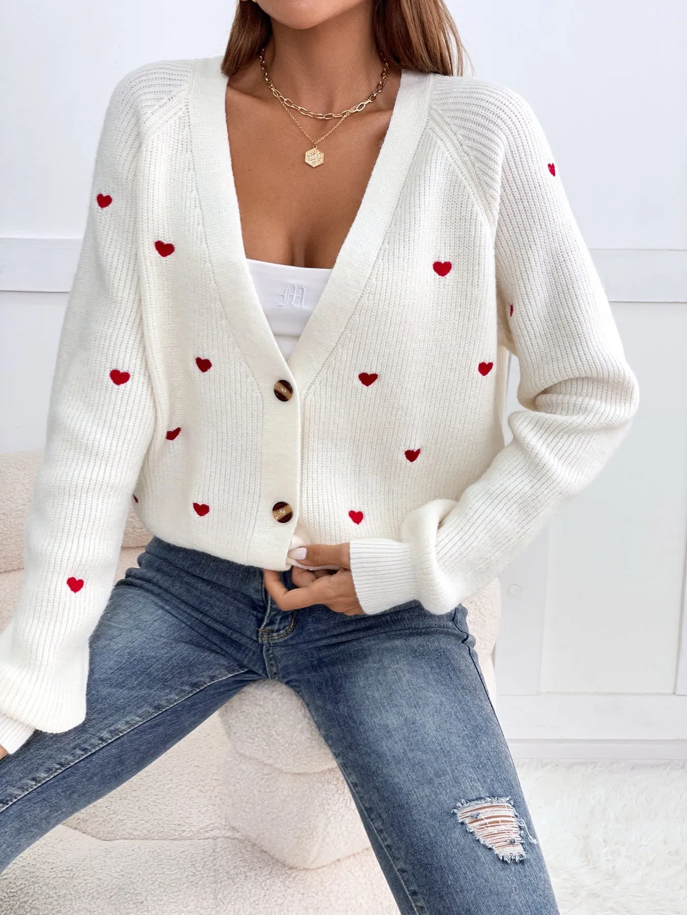 SHEIN Frenchy Heart Embroidery Button Front Cardigan