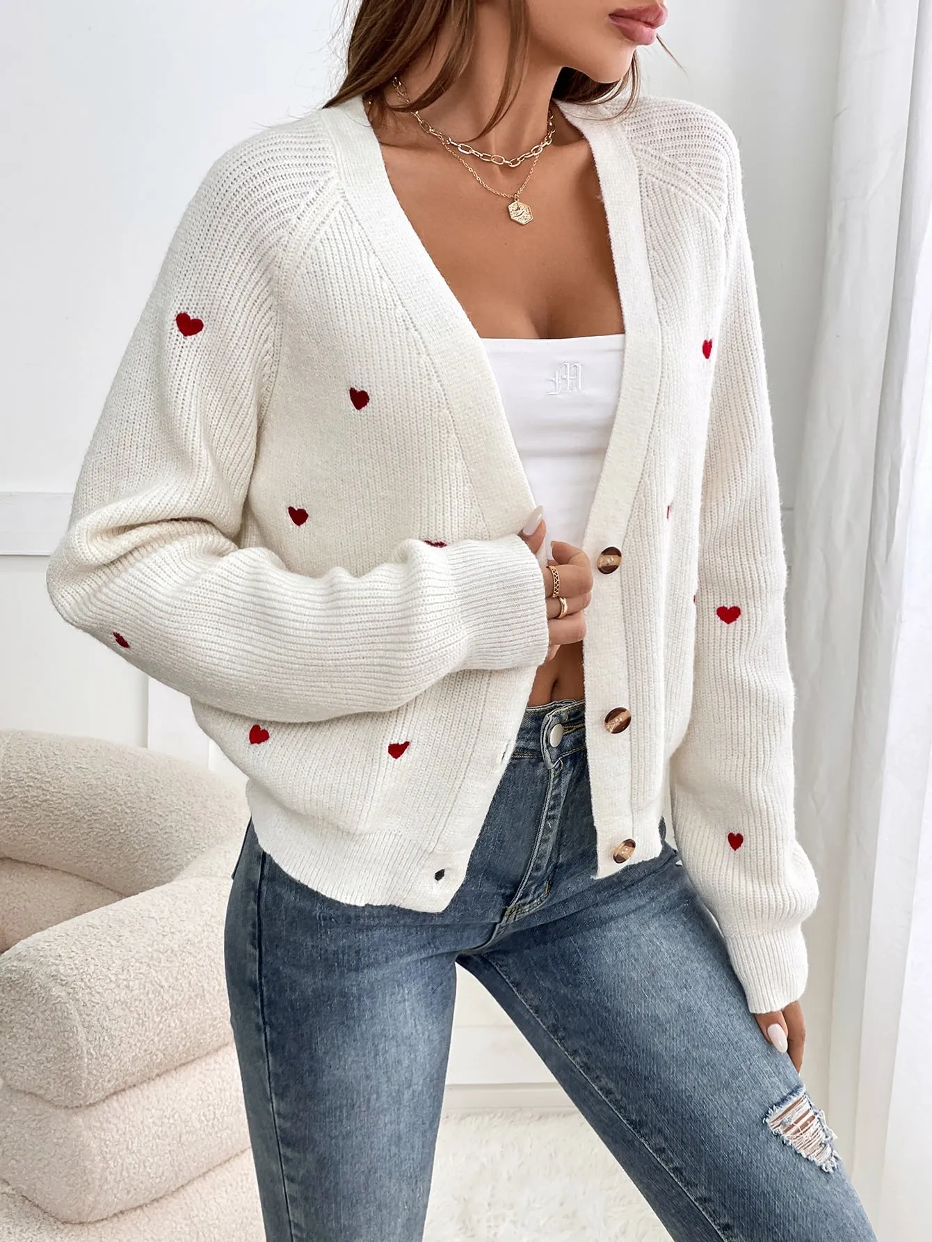 SHEIN Frenchy Heart Embroidery Button Front Cardigan