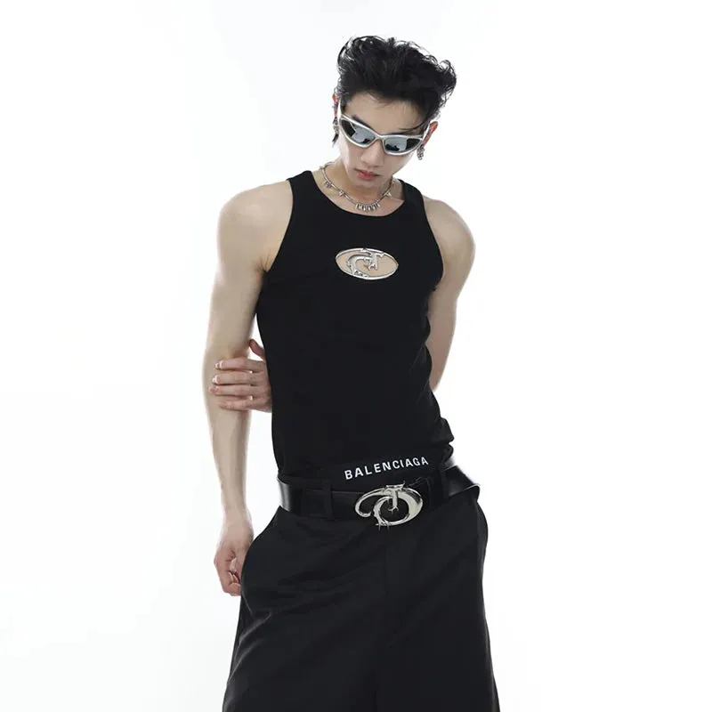 Summer Niche Design Metal Hollow Out Men's Vests Fashion Trendy Solid Color Sleeveless Tank Tops American Style 9A8385